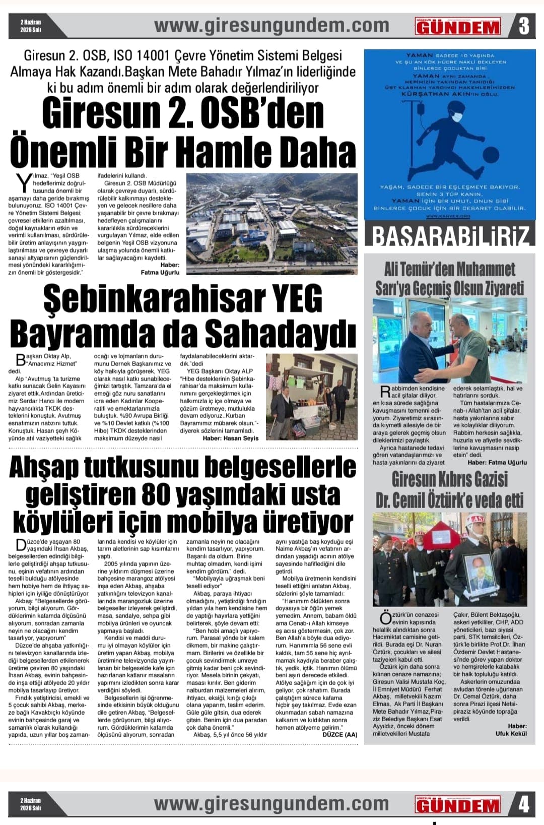 Şebinkarahisar YEG in çalışması Giresun Basınında Teşekkürler Gündem